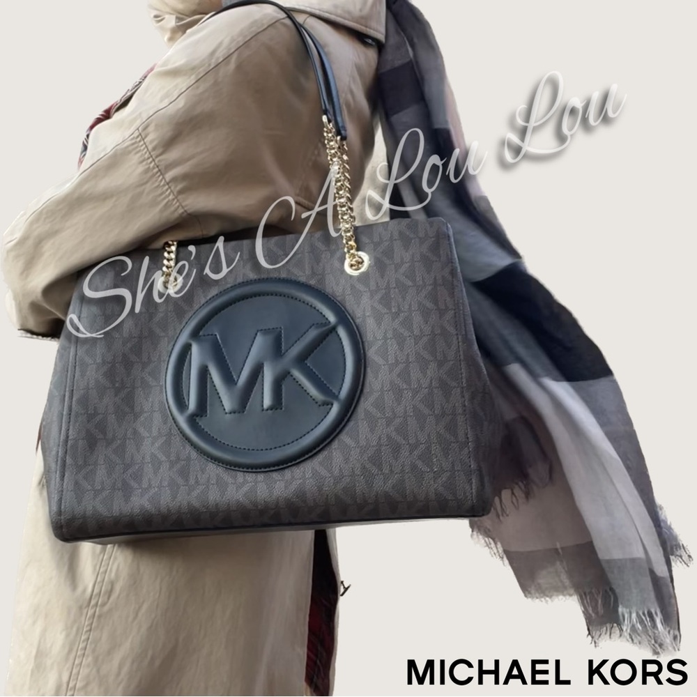 🆕Michael Kors BRYNN brown/blk chain shoulder strap LARGE firm Tote Bag